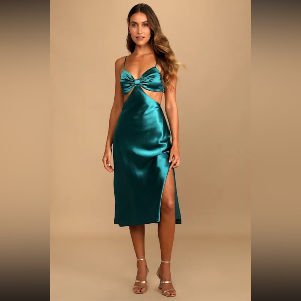 Need My Love Satin Cutout Midi Dress – Teal Blue XS